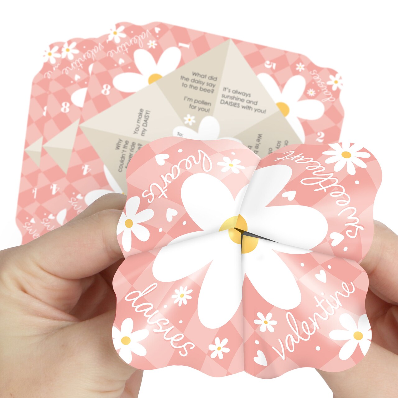 Big Dot of Happiness Checkered Daisy Flowers - Retro Boho Floral Valentine’s Day Party Cootie Catcher Game - Valentine Jokes for Kids Fortune Tellers - Set of 12